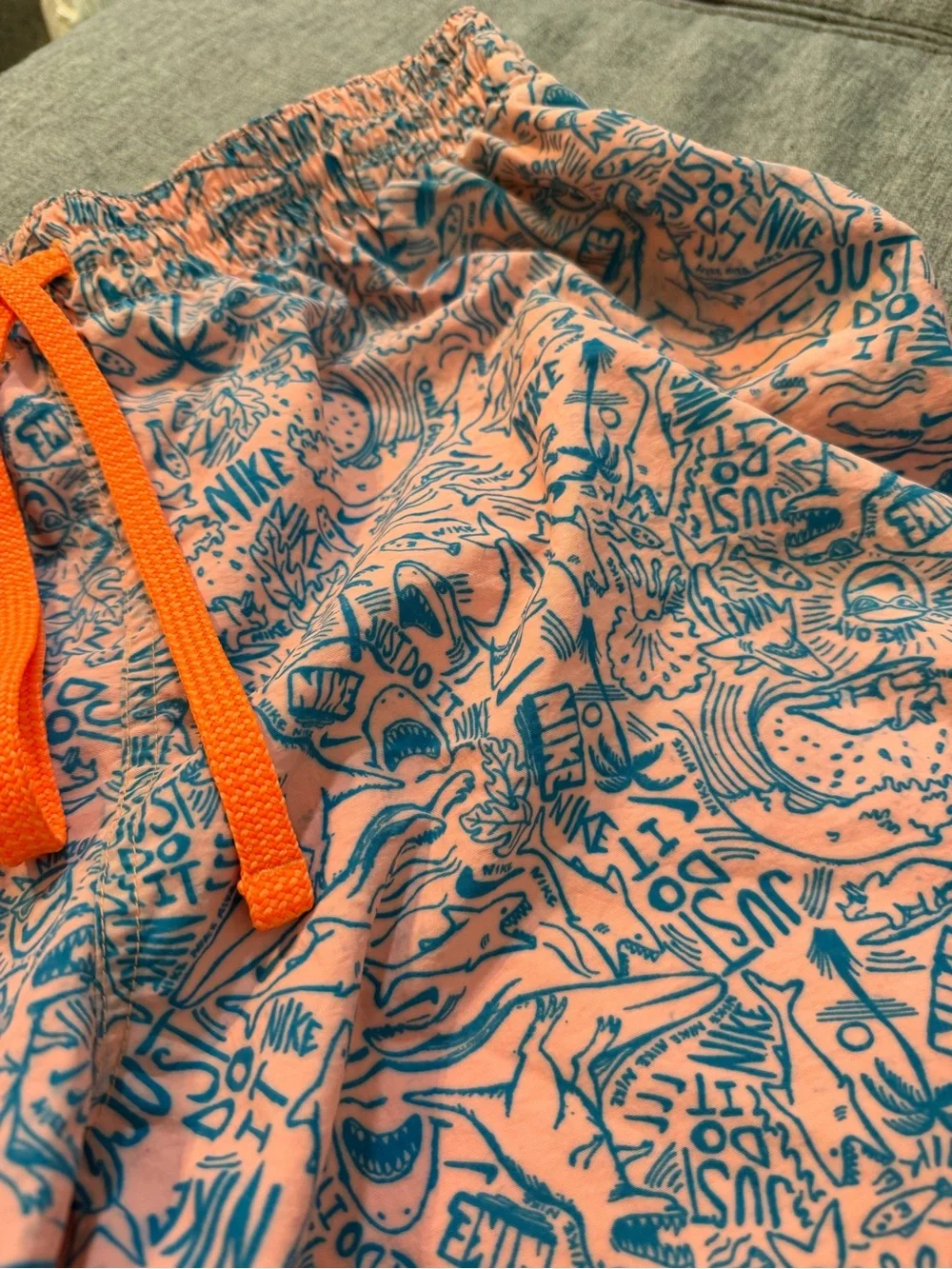 Nike Coral Swim Shorts with Blue Print and Orange Drawstring size XL 3 pockets
